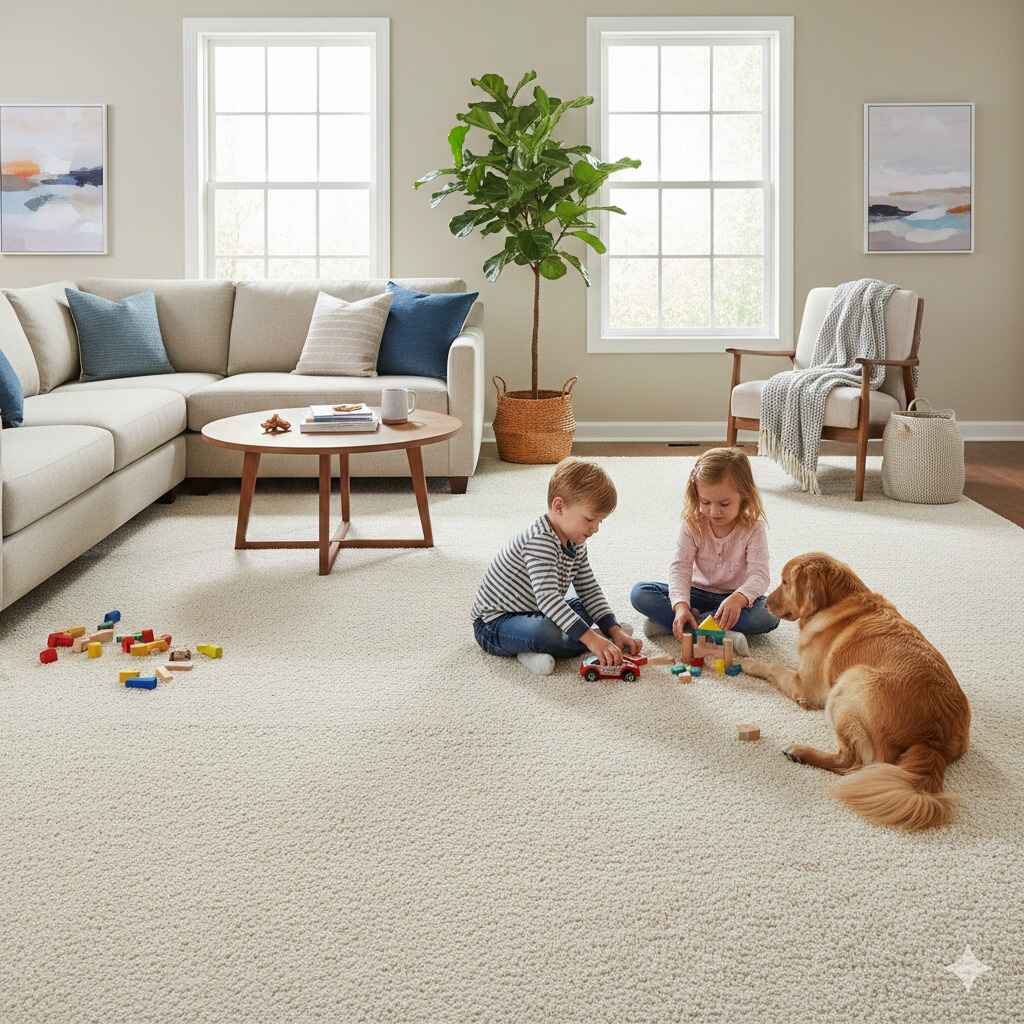 Monthly home carpet care checklist for busy families in Ames Iowa living room with clean carpet