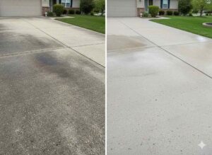 lean driveway after professional power washing service in Ames Iowa