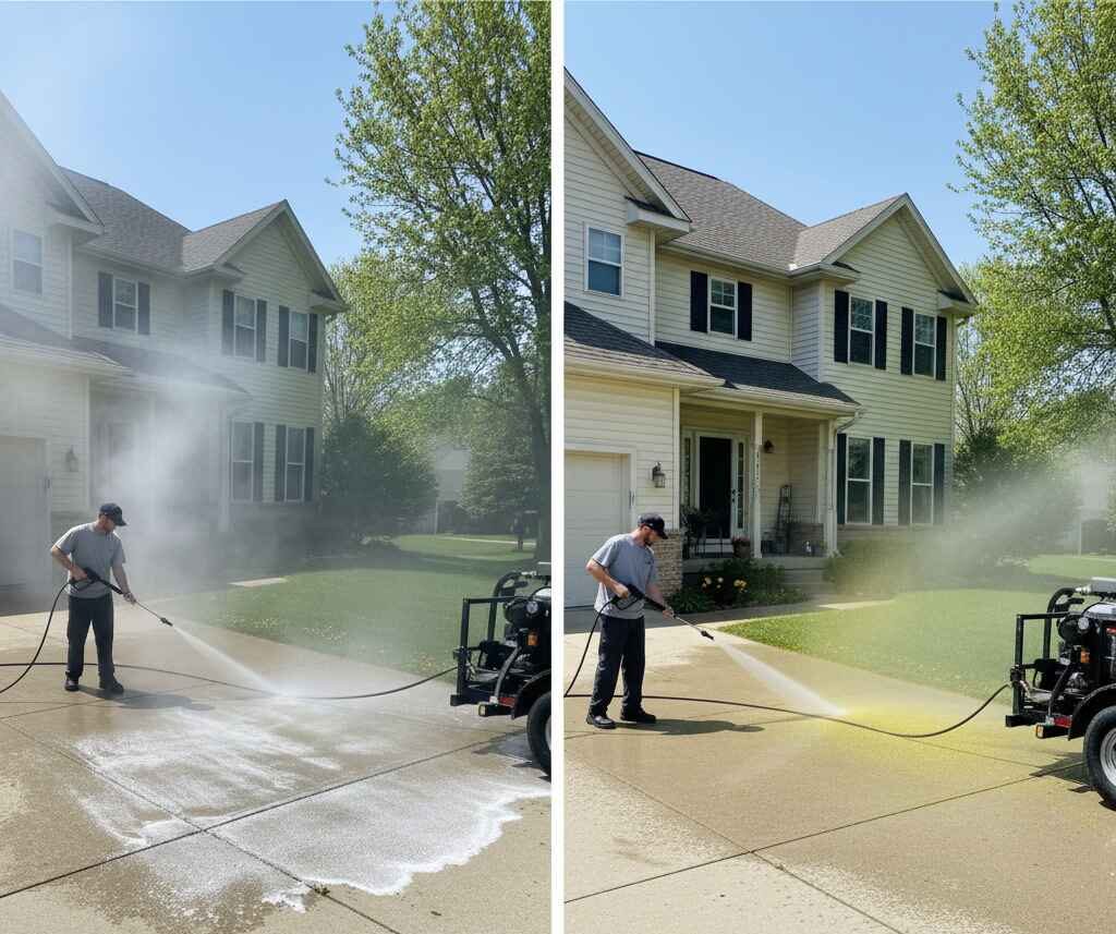 Power washing vs pressure washing on an Ames Iowa home driveway and vinyl siding comparison