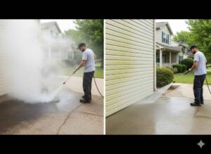 Side by side comparison of pressure washing and power washing surfaces in Iowa