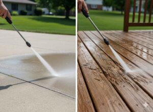 Concrete driveway safe for pressure washing and damaged wood from high pressure cleaning