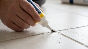 Applying penetrating grout sealer to tile floor to protect against moisture and salt damage