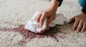 Blotting a carpet stain with a white cloth to prevent spreading and fiber damage