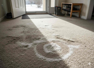 Entryway carpet with white salt stains and dark traffic lanes after winter
