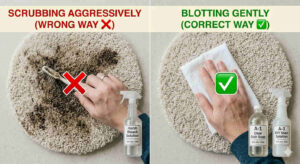 Carpet cleaning mistakes showing scrubbing versus proper blotting technique