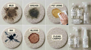 Common carpet stains including mud grease ink and pet urine with cleaning solutions