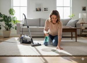 Homeowner vacuuming carpet and using vinegar solution to clean salt stains