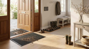 Two mat system for entryway with outdoor scraper mat and indoor absorbent mat for mud control