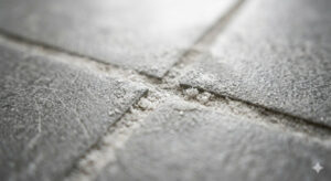 White salt residue buildup on tile grout lines showing efflorescence damage indoors