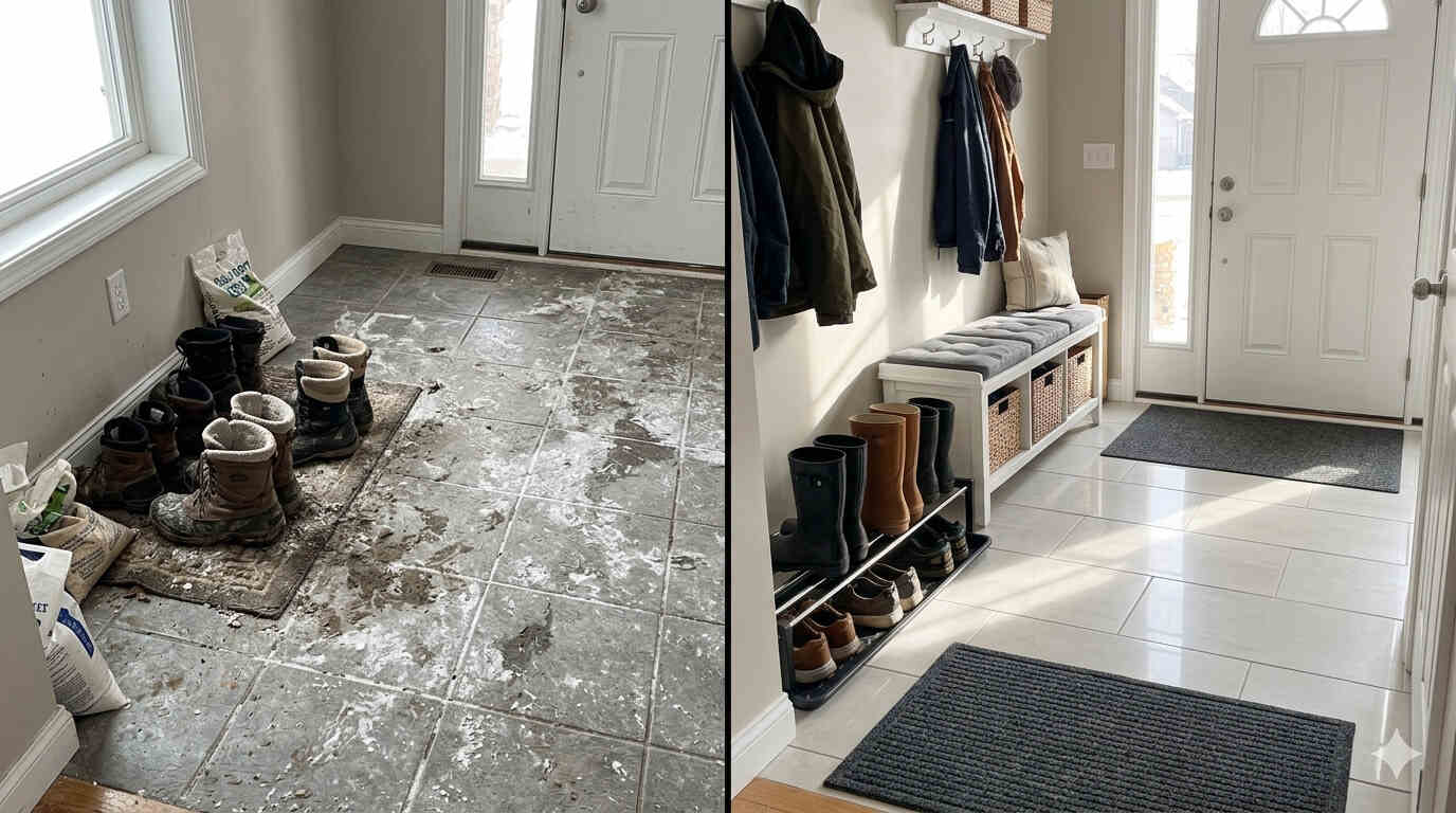 Spring entryway cleaning in Ames Iowa showing winter salt damage and restored tile floor