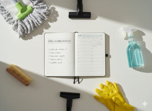 Spring entryway cleaning checklist with tools and weekly plan for maintenance