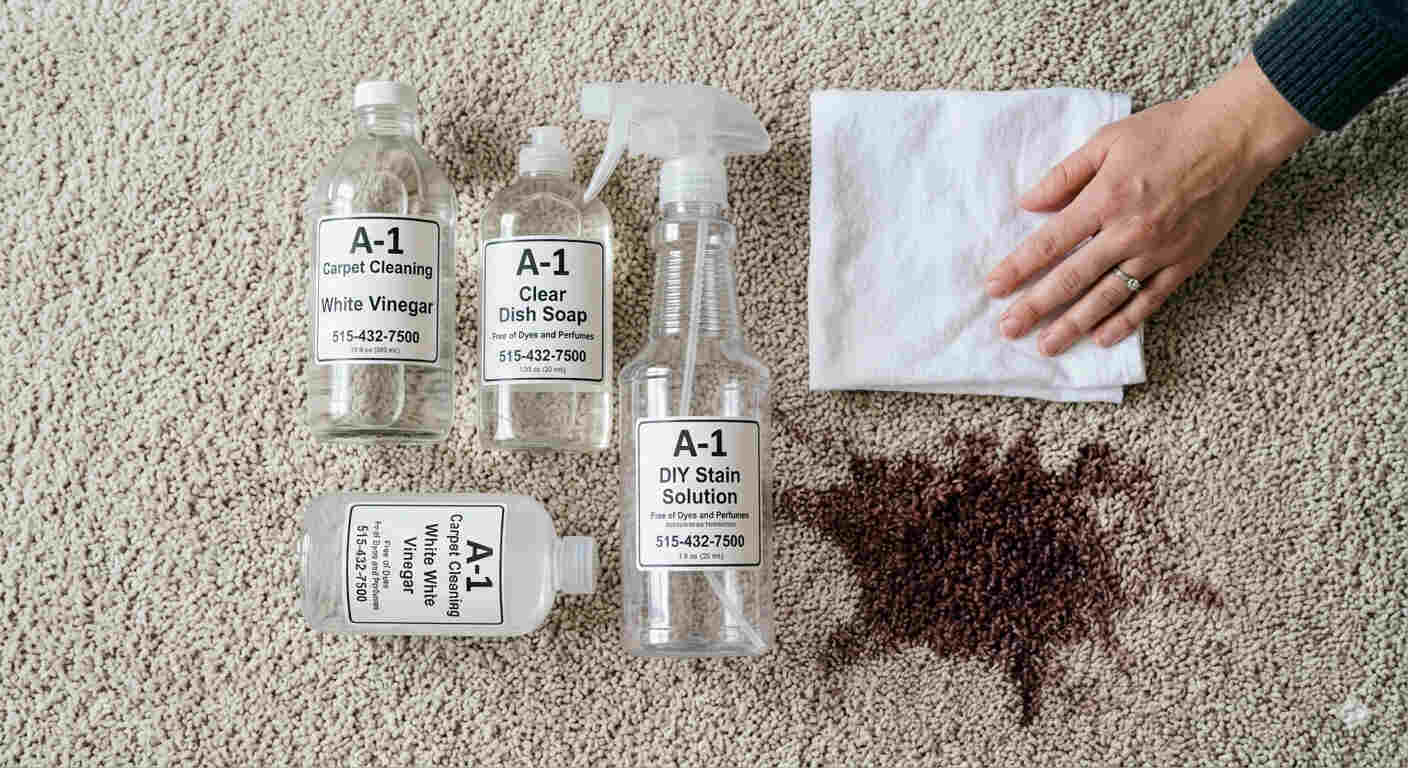 Homemade carpet cleaning solution with vinegar and dish soap for red wine stain removal