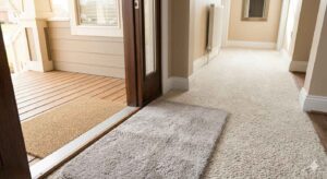A front entry doorway showing a coarse outdoor scraper mat on the porch and a soft absorbent mat just inside the door, demonstrating a two-mat system to protect hallway carpet from dirt and grit
