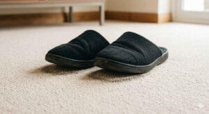 Black rubber-soled house slippers sitting on light-colored carpet, showing dark petroleum dye residue transfer marks on the carpet fibers beneath the soles
