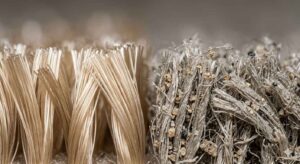 Extreme close-up of carpet fibers showing abrasion and scratching damage caused by embedded grit and sand particles in a high-traffic area