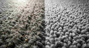 Extreme close-up of dirty commercial carpet fibers showing embedded dust and allergen particles that affect indoor air quality