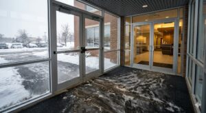 Snow, slush, and calcium chloride ice melt tracked onto office entrance carpet during an Iowa winter, leaving white chalky residue on carpet fibers