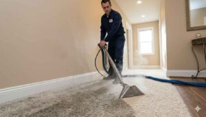 A professional carpet cleaner using a hot water extraction wand on a dark hallway traffic lane, visibly restoring the carpet to its original bright color in Ames, Iowa
