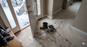 White salt and calcium chloride residue tracked from winter boots onto a light-colored hallway carpet near a front entry door, showing early stage carpet darkening
