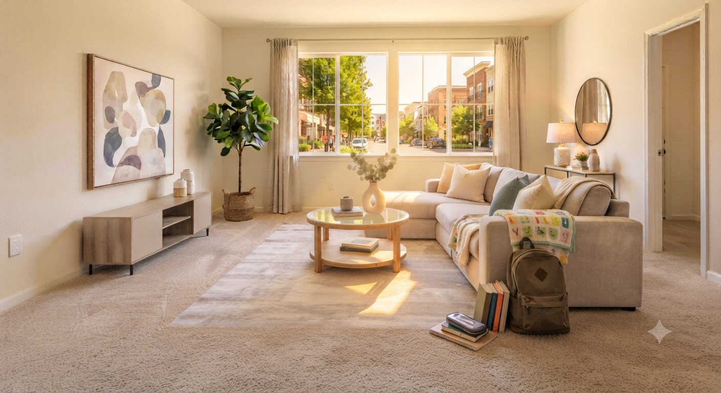Freshly cleaned carpet in an Ames family living room for back-to-school — residential carpet cleaning in Ames