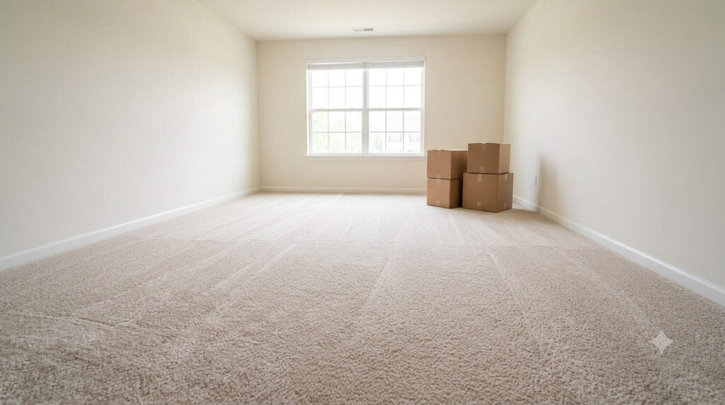 Empty Ames living room with freshly cleaned carpet and moving boxes