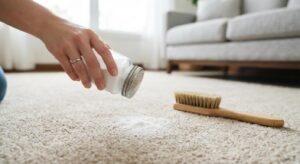 Baking soda sprinkled on carpet to absorb a stain and odor