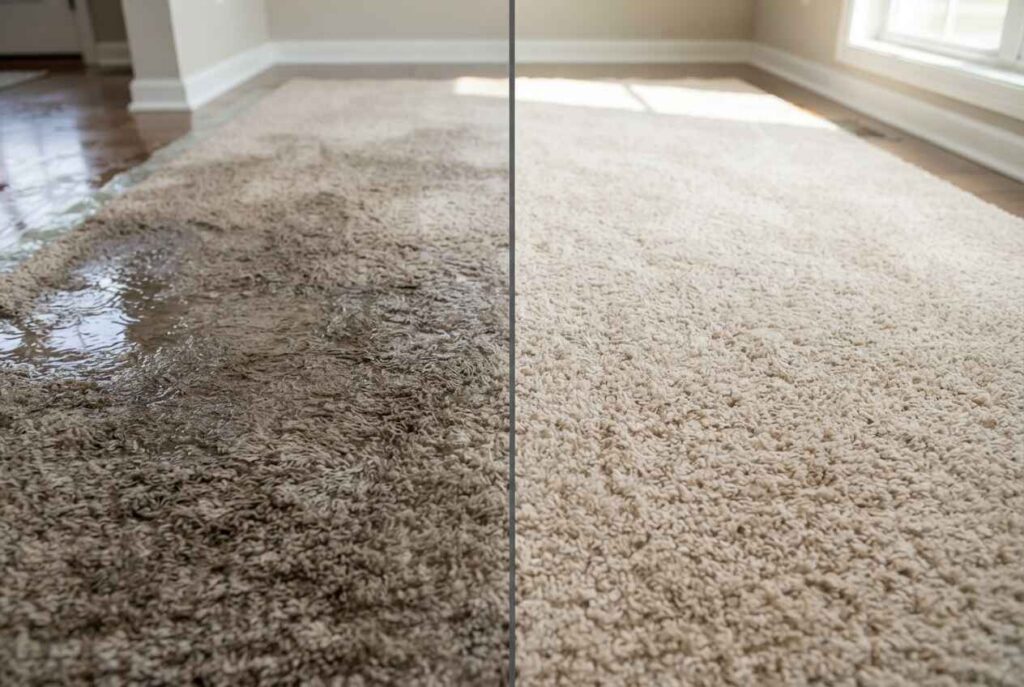 Wet carpet before and after extraction and drying in Ames, IA