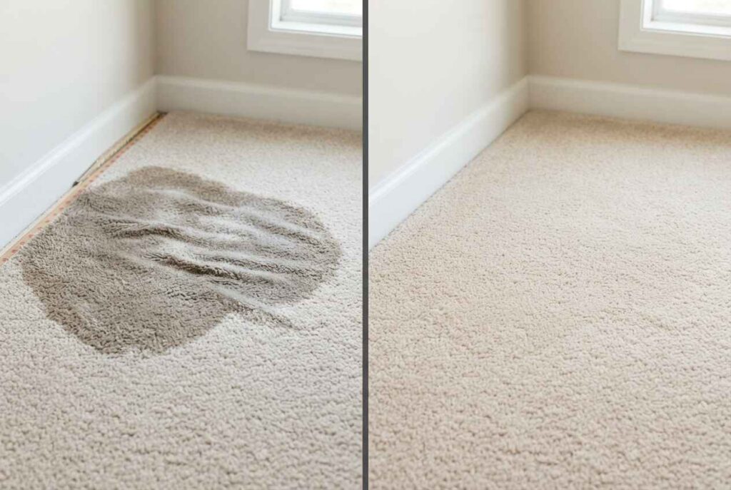 Carpet water damage before and after restoration in Ames, Iowa