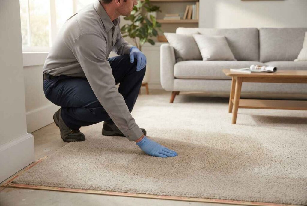 Technician inspecting a damp carpet in an Ames, Iowa home