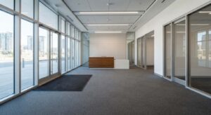 High-traffic office lobby carpet with a walk-off mat kept clean in Des Moines