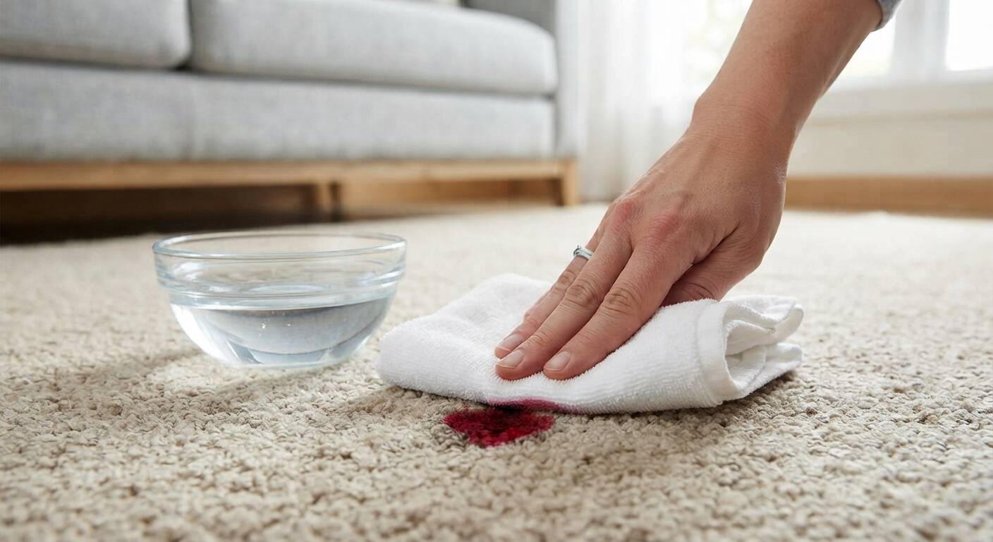Blotting a fresh stain from carpet with a white cloth — removing tough carpet stains
