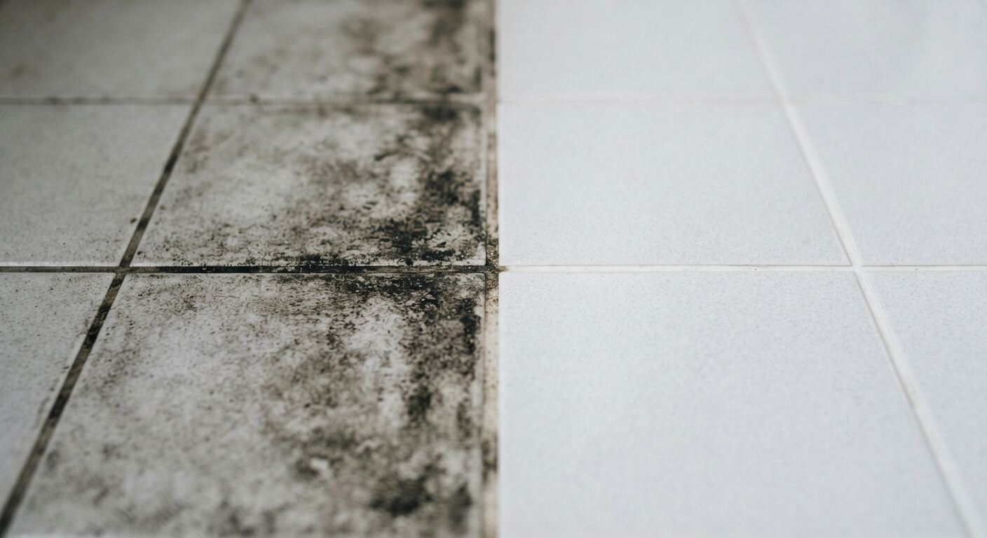 Grout shown dirty on one side and clean on the other — grout cleaning results